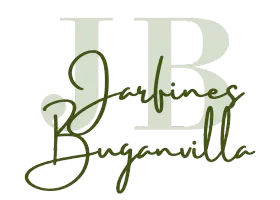Logotipo estilizado de Jardines Buganvilla con las iniciales JB en verde pálido en gran tamaño y texto en cursiva de color verde oscuro.