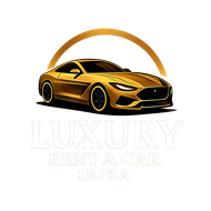 Logotipo dorado de un coche deportivo de lujo con el texto &ldquo;Luxury Rent A Car Ibiza&rdquo;.