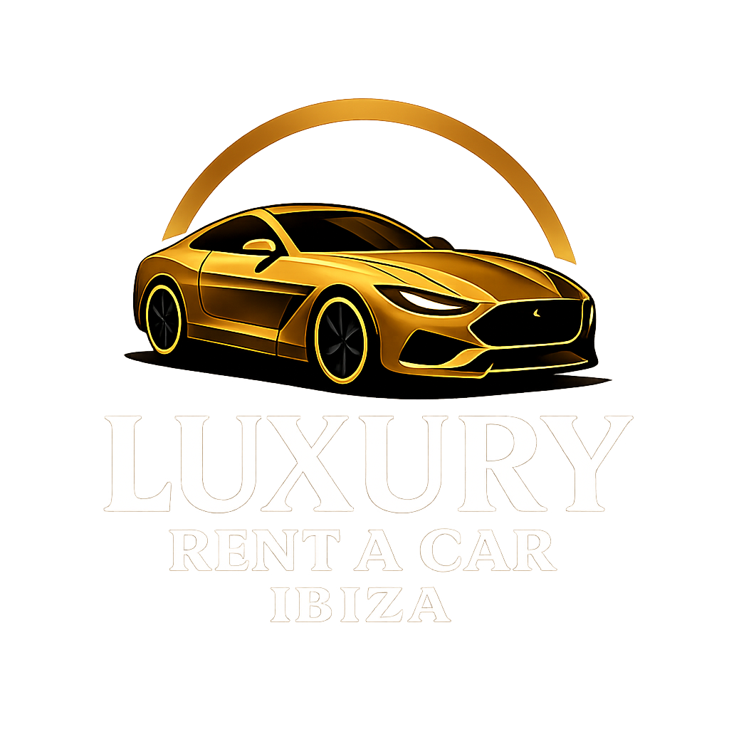 Logotipo dorado de un coche deportivo de lujo con el texto &ldquo;Luxury Rent A Car Ibiza&rdquo;.