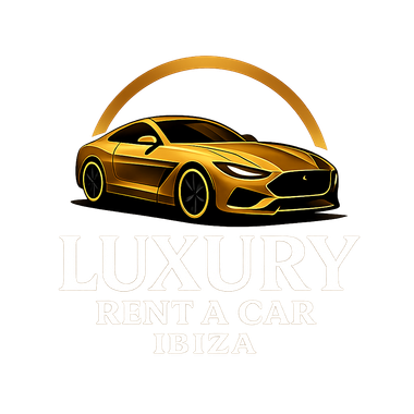 Logotipo dorado de un coche deportivo de lujo con el texto &ldquo;Luxury Rent A Car Ibiza&rdquo;.