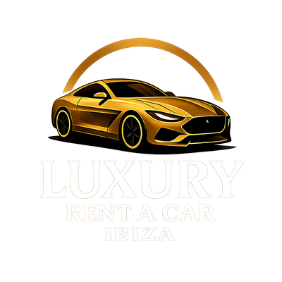 Logotipo dorado de un coche deportivo de lujo con el texto &ldquo;Luxury Rent A Car Ibiza&rdquo;.