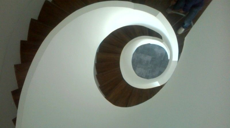 Una escalera de caracol con barandilla blanca y escalones de madera.