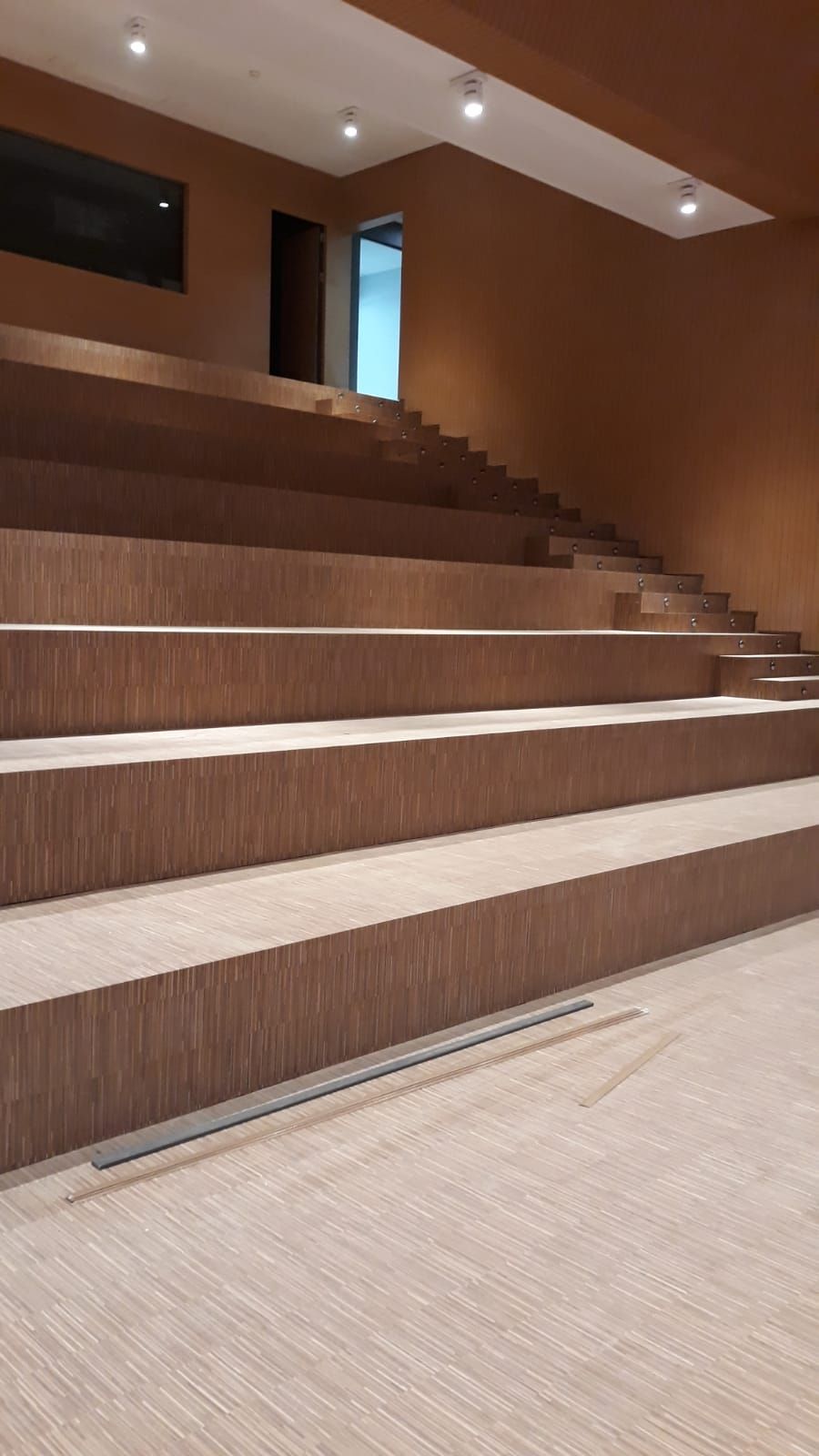 Una fila de escaleras de madera en un auditorio con piso alfombrado.