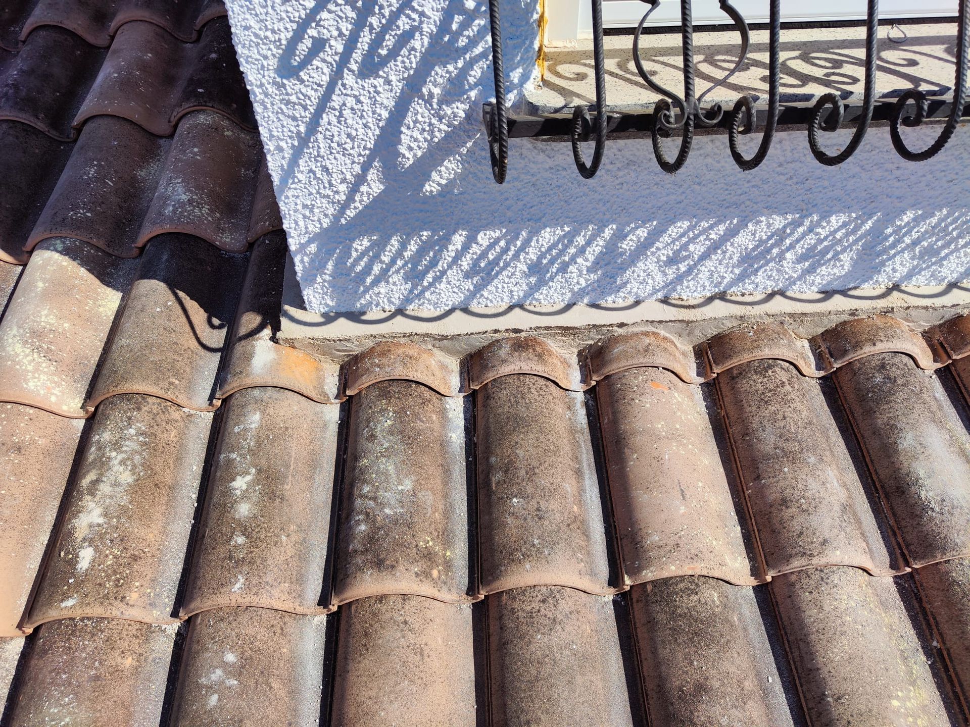 Un primer plano de un tejado con una valla de hierro forjado al fondo.