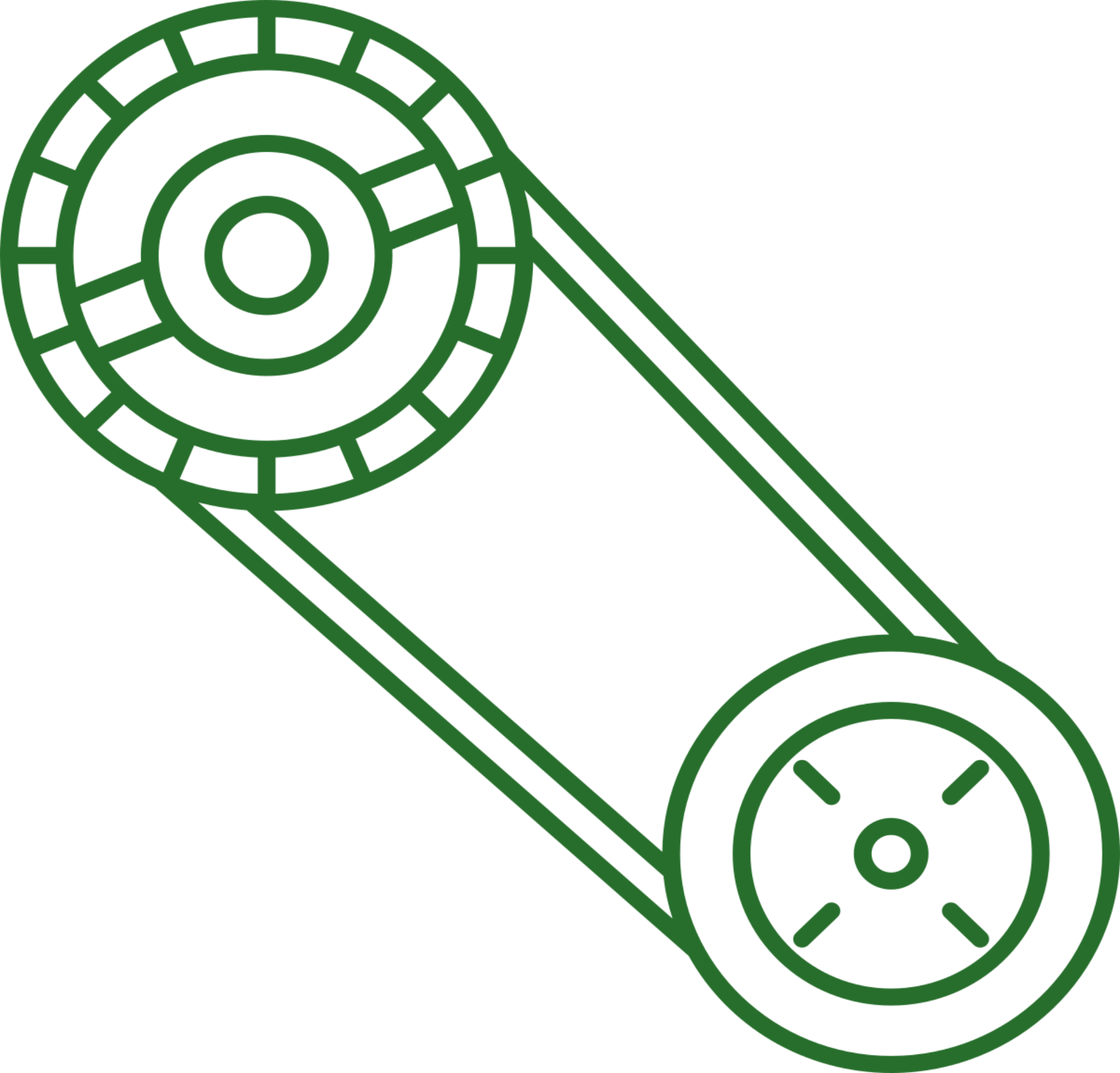 Dessin au trait vert d'un mécanisme de poulie et de courroie avec deux roues circulaires