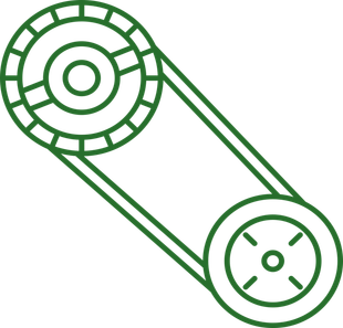 Dessin au trait vert d'un mécanisme de poulie et de courroie avec deux roues circulaires