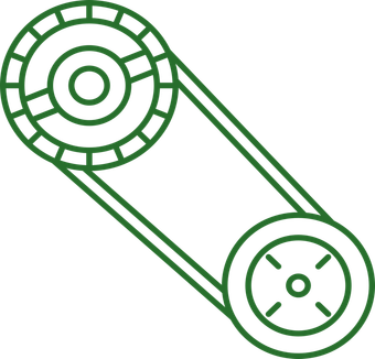 Dessin au trait vert d'un mécanisme de poulie et de courroie avec deux roues circulaires