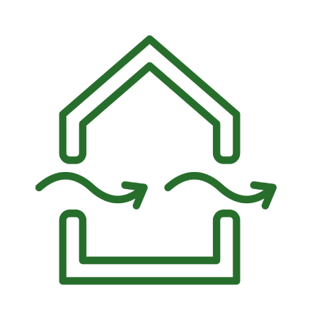 Icône en forme de maison verte avec deux flèches courbes entre les sections supérieure et inférieure