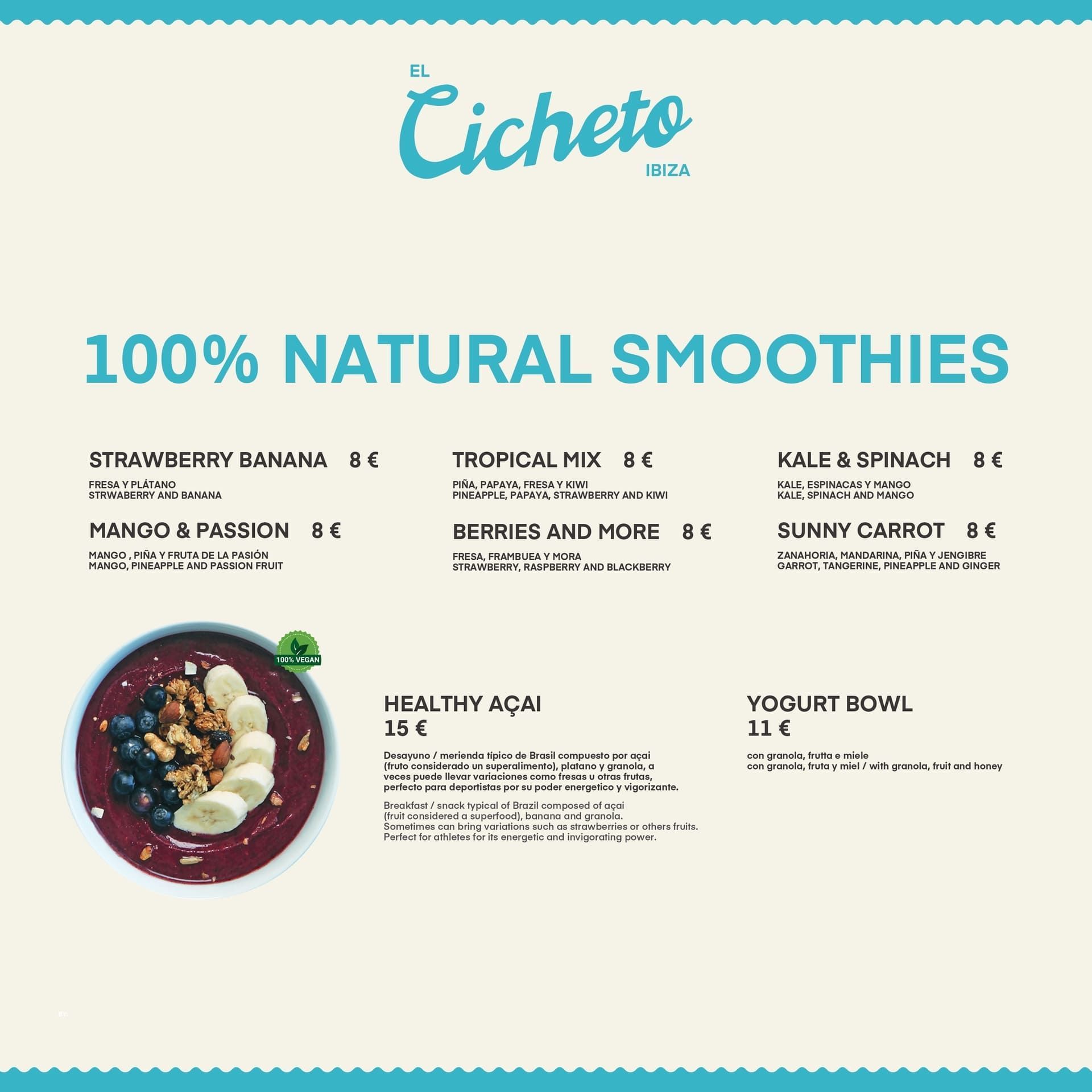 Cartel de menú de Eichote para batidos 100% naturales con boles de batido y sabores de frutas sobre un fondo crema.