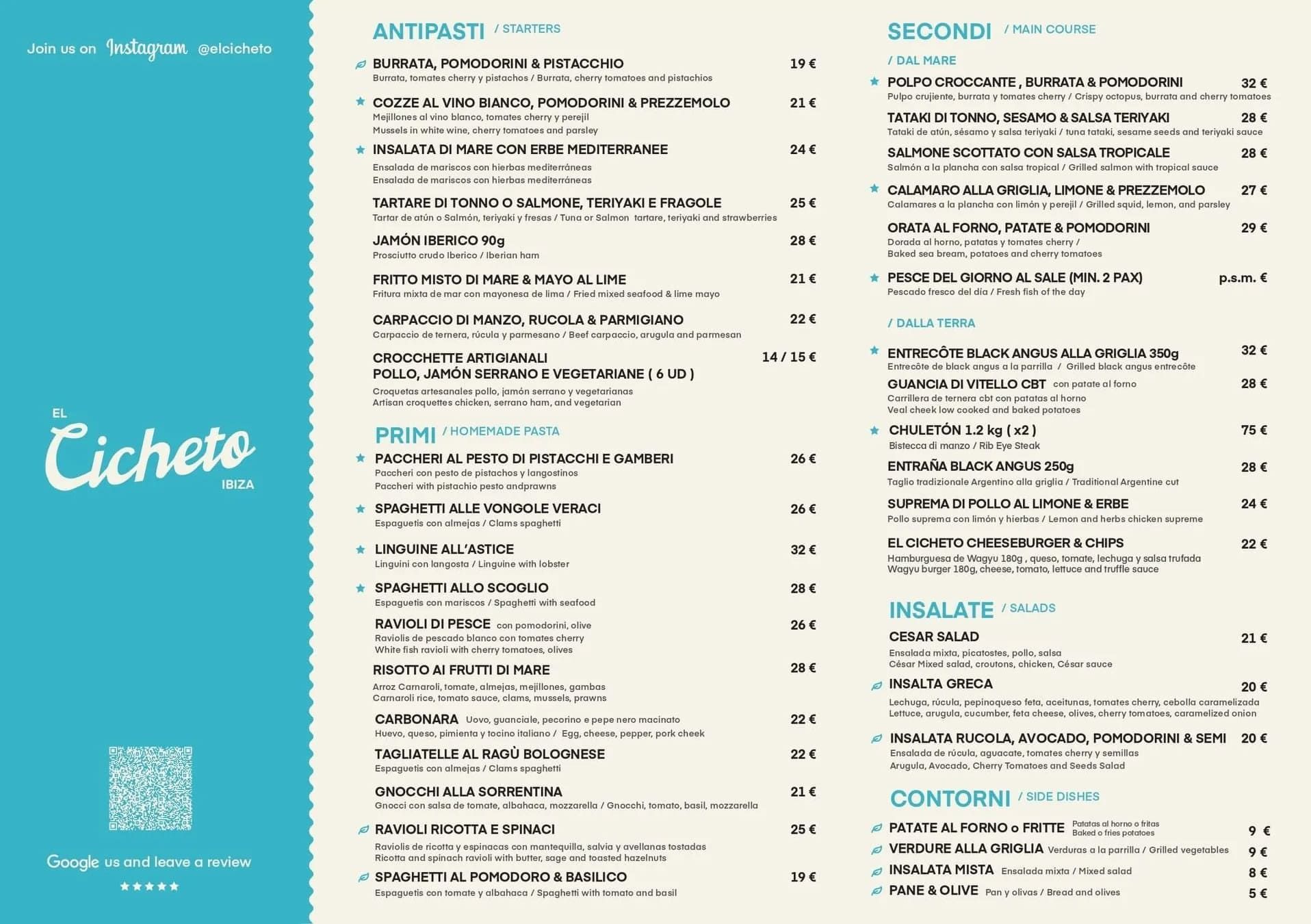 Menú de cafetería en tonos turquesa y crema con secciones para desayunos, pizzas, helados y cócteles, además de un código QR.