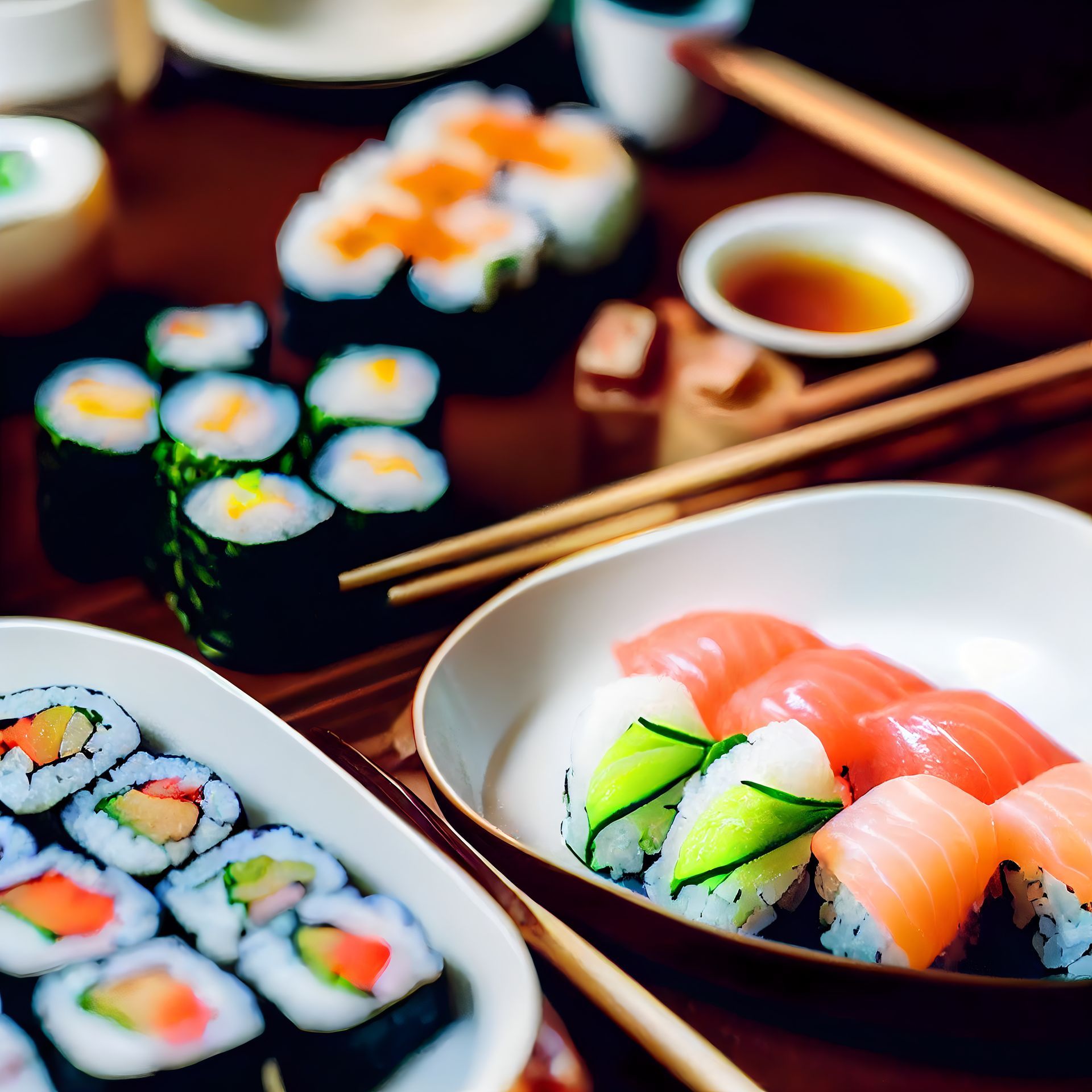 Una mesa cubierta con platos de sushi y palillos.
