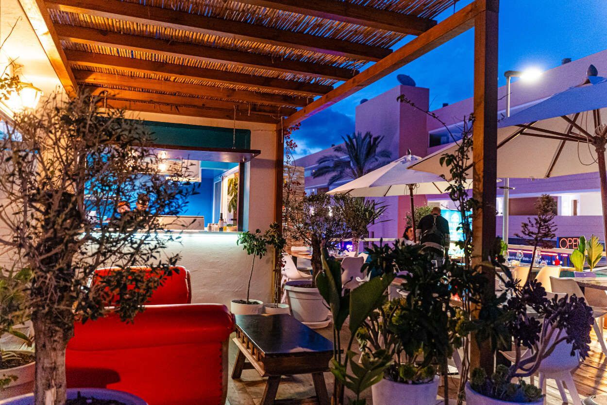 Un restaurante con muchas plantas y sombrillas.
