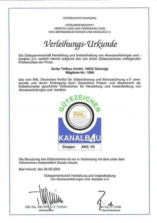 Kanalbau Zertifikat