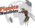 Un logo pour planete nuisibles montre une abeille une souris et un cafard