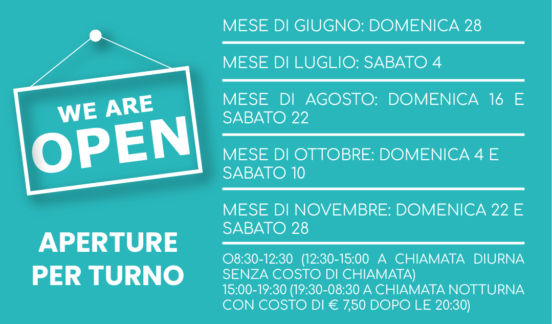 Aperti nelle seguenti date:
28 giugno, 4 luglio, 4 e 10 ottobre, 22 e 28 novembre