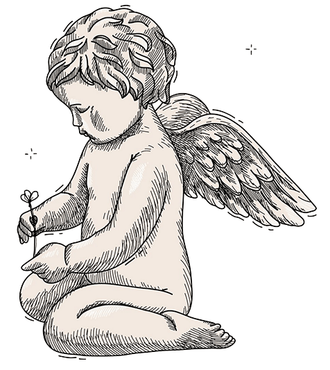 Ein kniender Engel blickt auf eine kleine Blume hinab. Er hat lockiges Haar, kleine Flügel und einen ernsten Gesichtsausdruck.