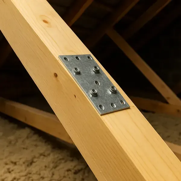 Support métallique galvanisé sur une poutre en bois.