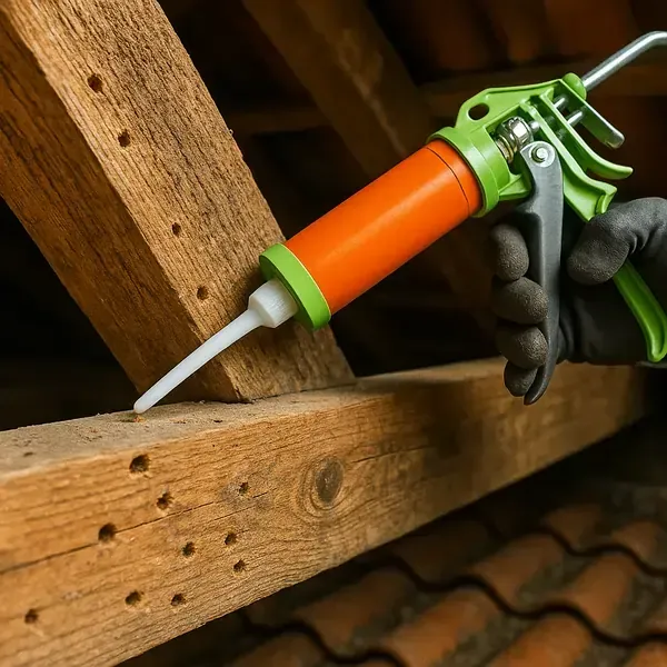 Main gantée appliquant du mastic orange avec un pistolet à mastic vert sur des poutres et des bardeaux en bois.