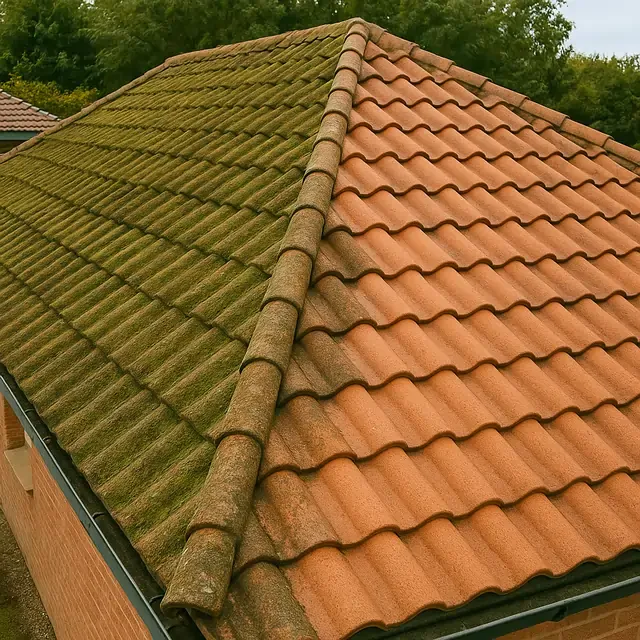Toit en tuiles d'une maison avant/après : avec des tuiles vertes moussues d'un côté et des tuiles en terre cuite orange de l'autre.