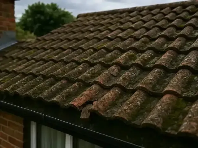 Gros plan sur un toit de tuiles sales avec mousse et lichen.