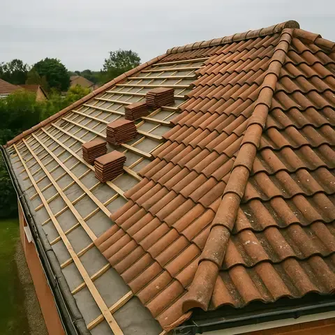Maison partiellement rénovée en toiture, avec liteaux apparents et piles de tuiles en terre cuite sur un toit en pente.