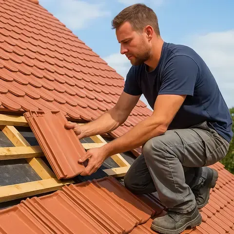 Ouvrier posant des tuiles rouges sur le toit d'une maison.