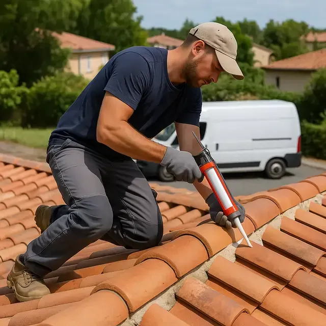Un ouvrier applique du mastic sur des tuiles en terre cuite d'un toit ensoleillé ; une camionnette et des maisons sont visibles en arrière-plan.