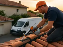 Un ouvrier applique du mastic sur le toit d'une maison, une camionnette blanche étant garée en contrebas.