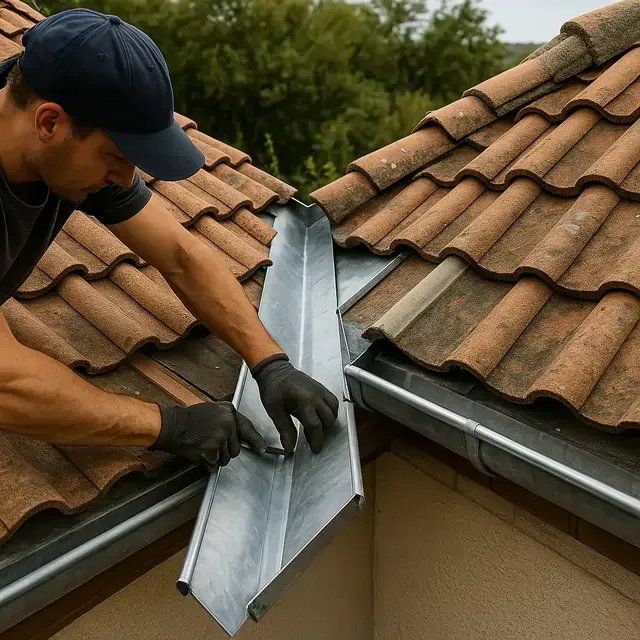 Ouvrier installant des solins métalliques sur le toit d'une maison beige.