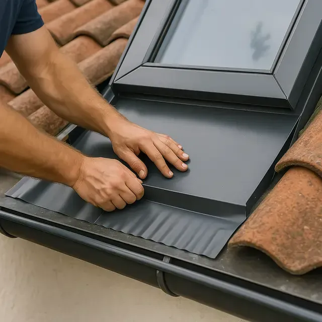 Mains installant une bande d'étanchéité noire pour fenêtre de toit sur un toit en tuiles.
