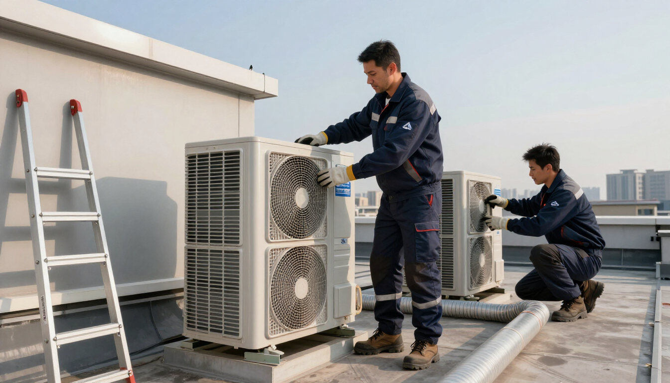 Dos técnicos inspeccionan las unidades de climatización de la azotea, uno de pie y el otro agachado, cerca de una escalera y los conductos de ventilación.