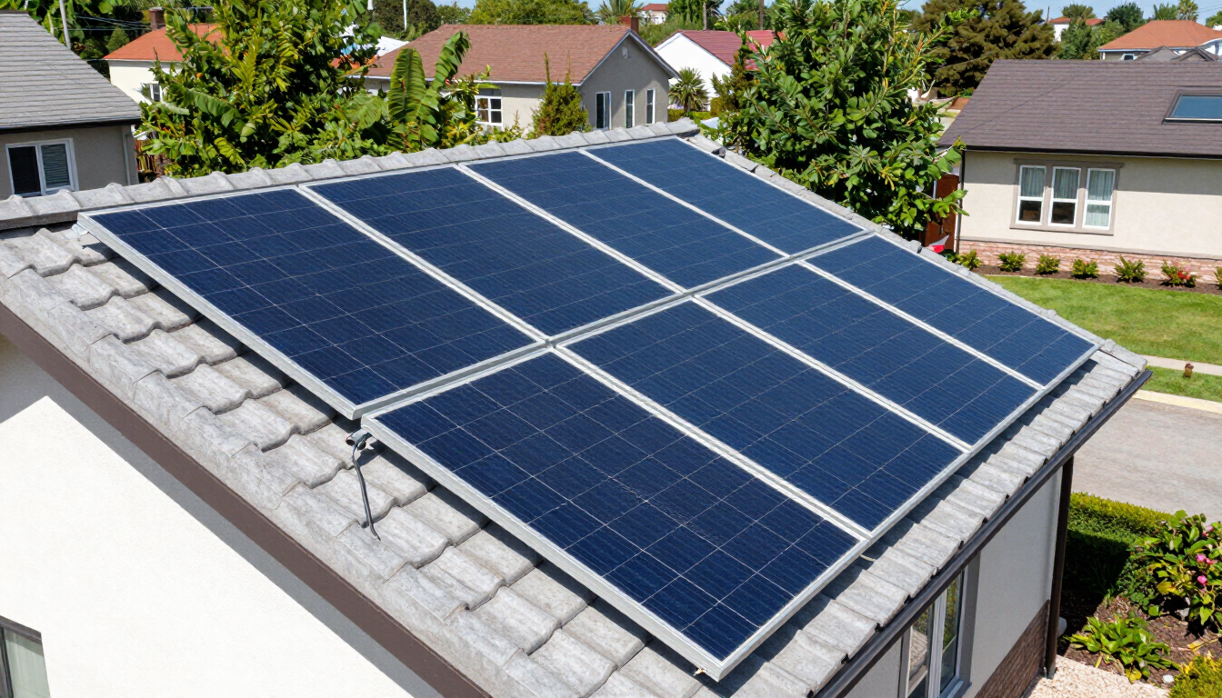 Paneles solares en un tejado gris en un barrio residencial bajo una clara luz del día.
