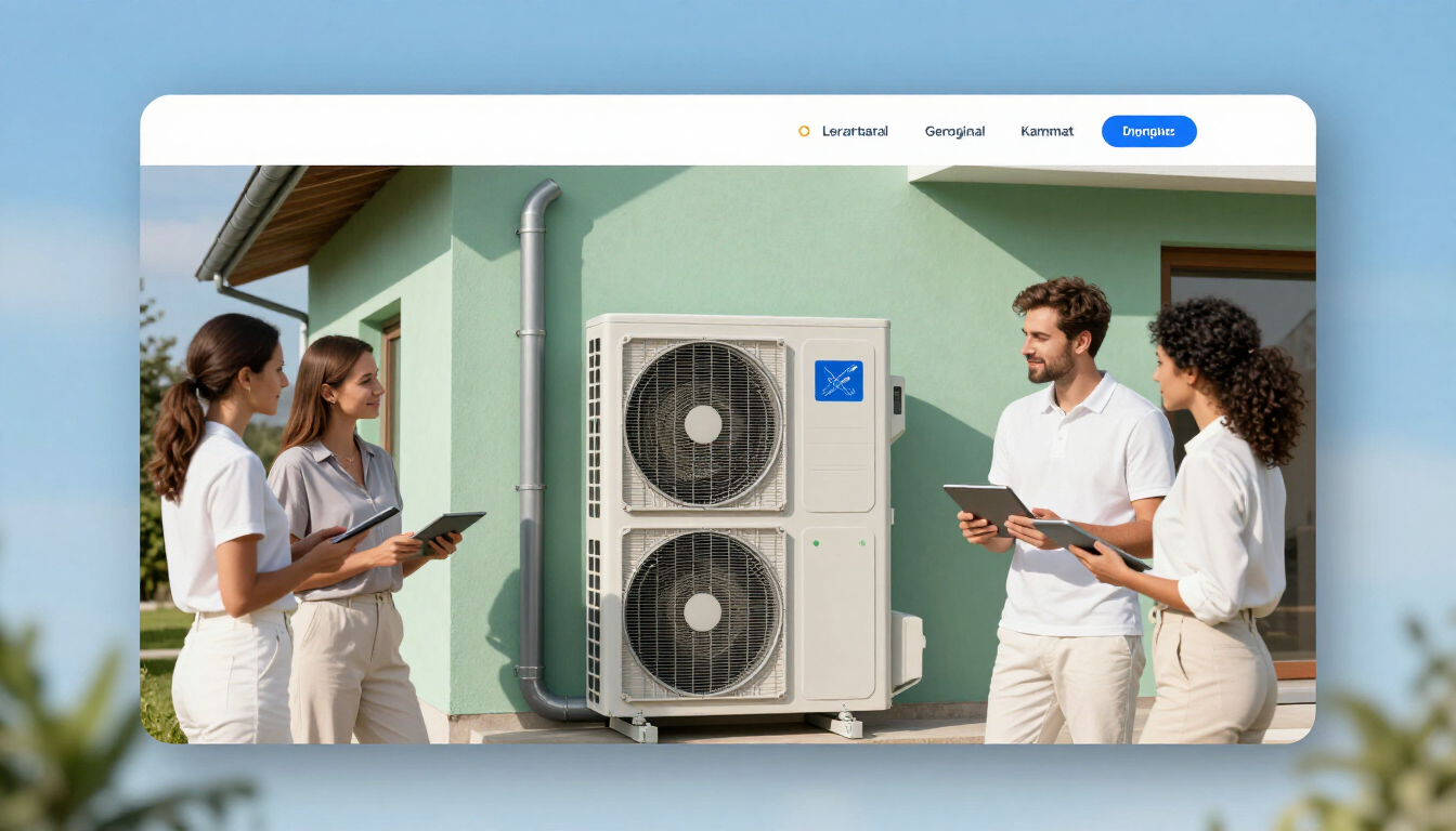 Tres personas sosteniendo tabletas junto a una unidad de aire acondicionado exterior junto a una casa.