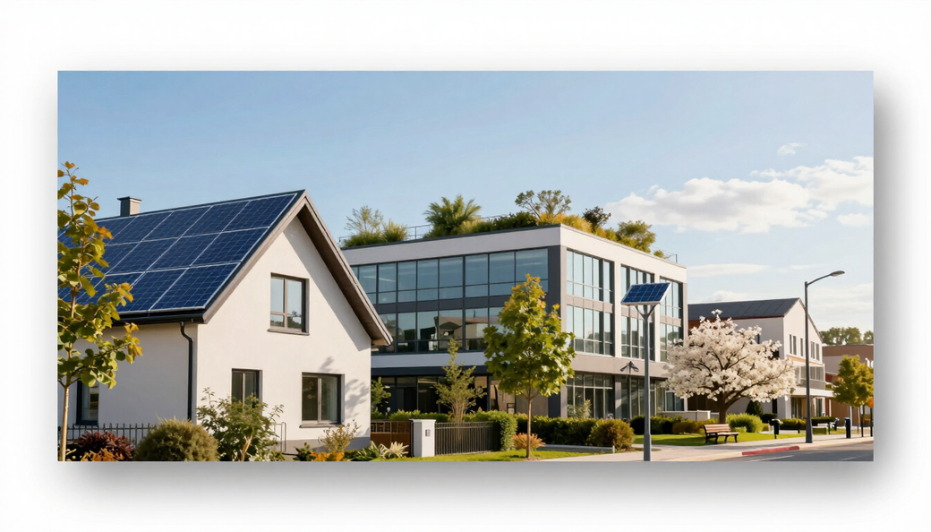 Edificio moderno con paneles solares junto a una oficina acristalada, enmarcado por árboles bajo un cielo despejado.