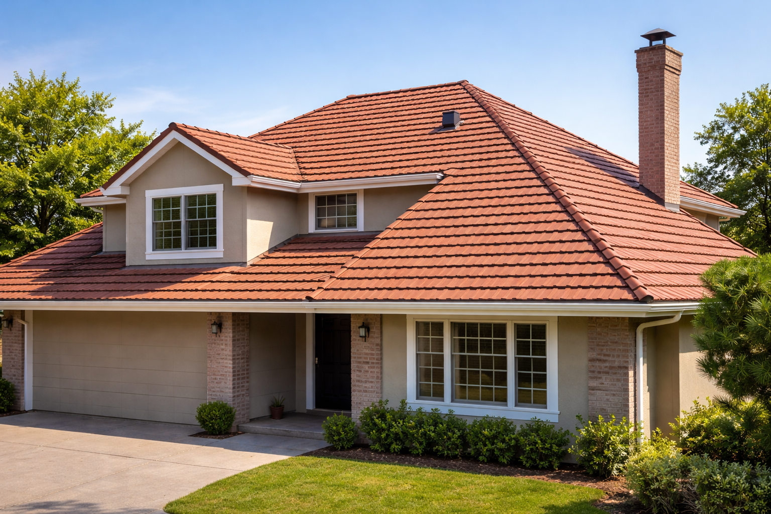 Une maison de plain-pied en banlieue, avec un toit de tuiles rouges, des murs en stuc beige.