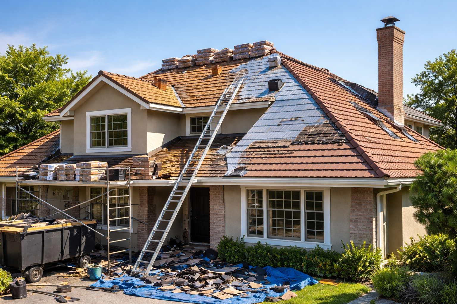 Une maison à deux étages en cours de réfection de toiture : échelle.