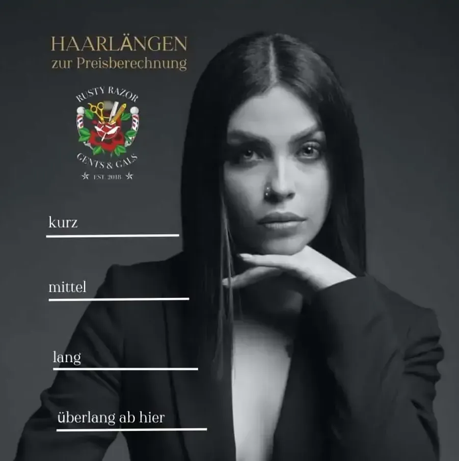 Frau mit langem, dunklem Haar, posiert für eine Preisliste mit Haarlängenangaben: kurz, mittel, lang und extralang.