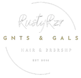 Logo: „RustyRzr“ in Schreibschrift, gewölbt durch Linien, über „GNTS & GALS HAIR & BARBERSHOP“, „EST 2016“.