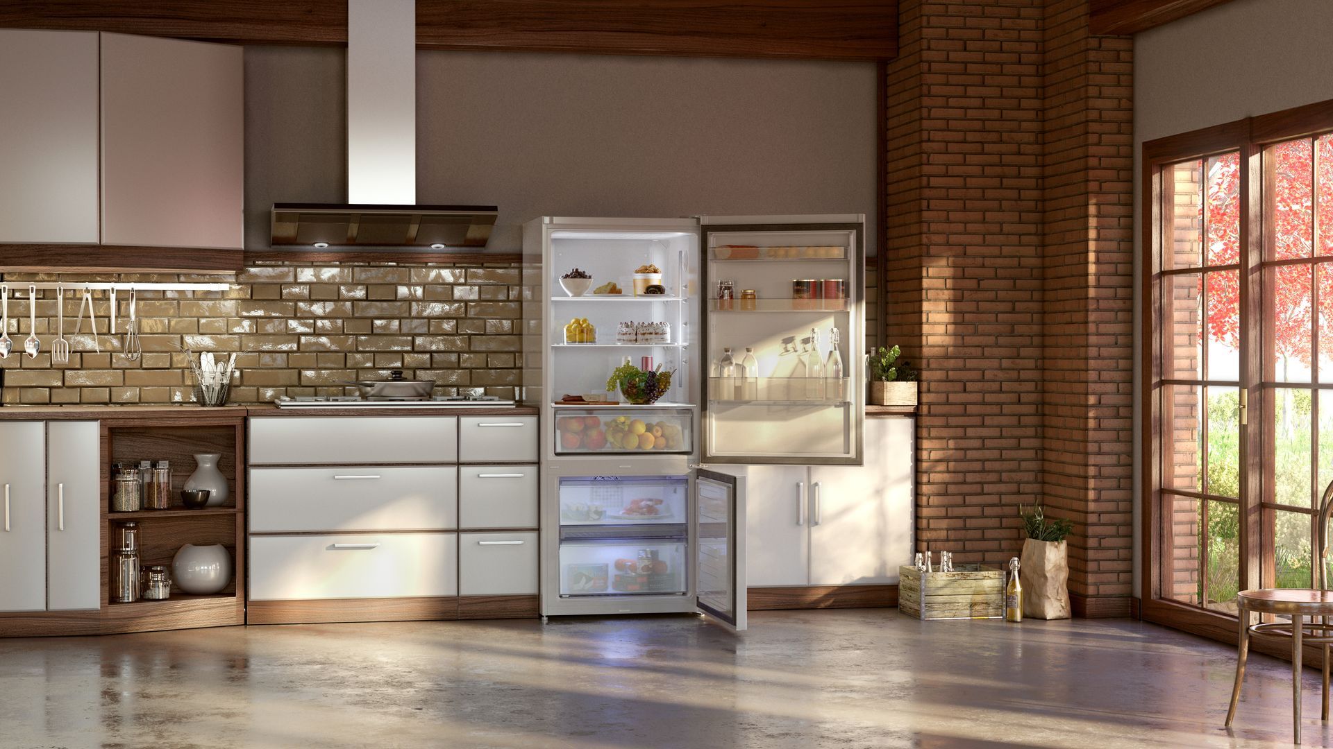 Deux ouvriers installent des meubles de cuisine dans une cuisine lumineuse, l'un sur une échelle et l'autre accroupi avec des outils.