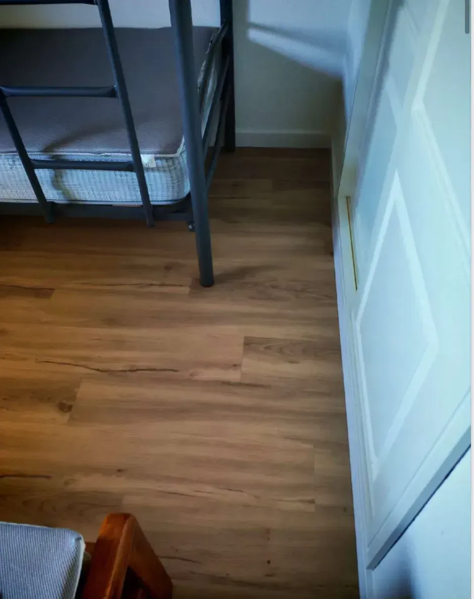 Rincón del dormitorio con suelo de madera, estructura de cama negra y una puerta blanca a la derecha
