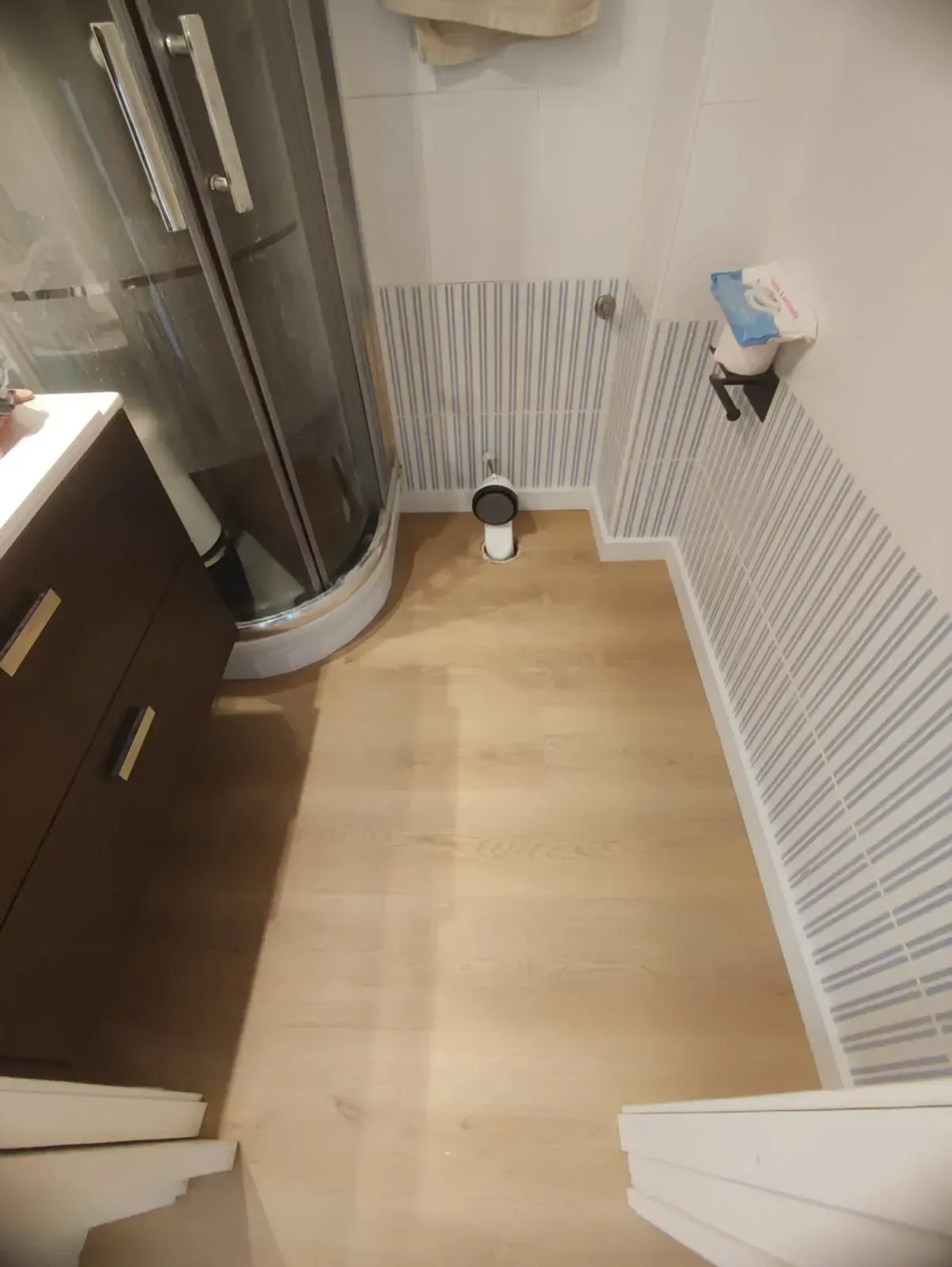 Rincón de baño pequeño con ducha, radiador, suelo de madera y portarrollos de papel higiénico de pared