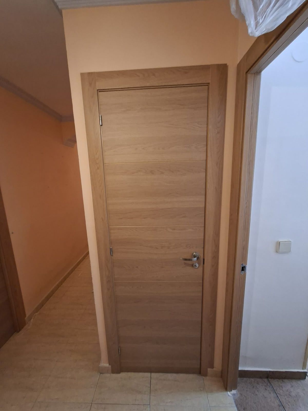 Puerta de madera para el pasillo interior, con manilla plateada, junto a una escalera y una ventana.