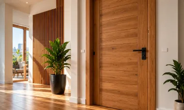 Pasillo moderno con puertas de madera, plantas en macetas y luz del sol sobre el suelo pulido