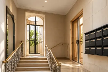 Elegante pasillo de entrada con escaleras, barandilla ornamentada, buzones y una puerta de cristal bañada por el sol