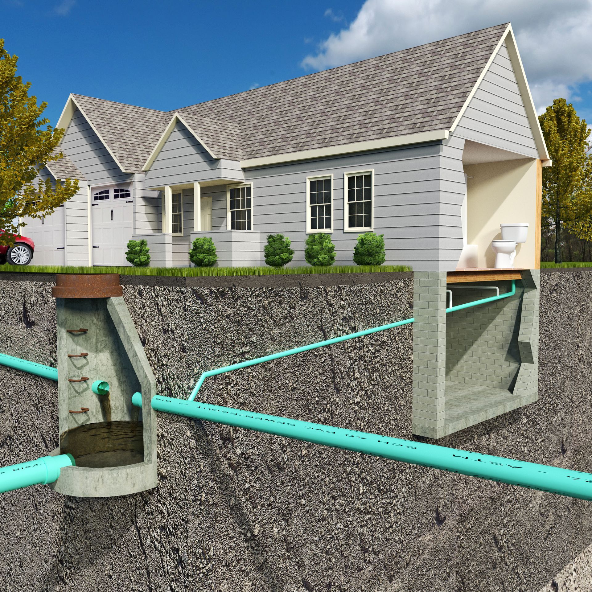 Illustration en coupe montrant le raccordement des eaux usées d'une habitation à un réseau d'assainissement souterrain.