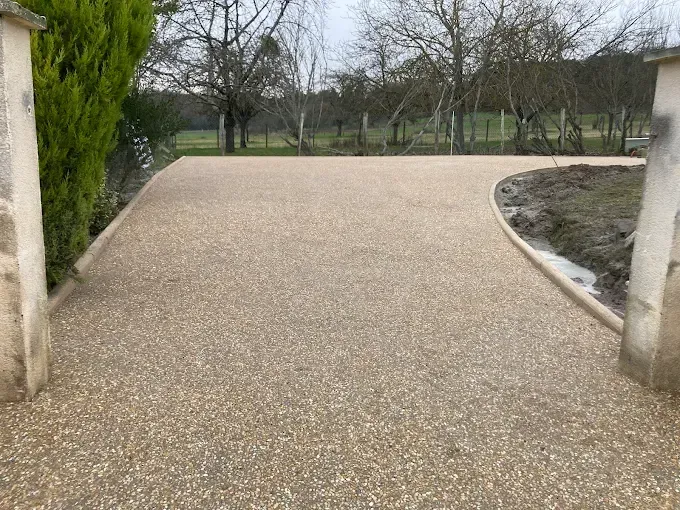 Allée de gravier menant à un jardin avec des arbres dénudés et une haie.
