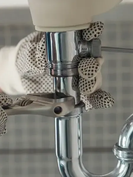 Eine Person repariert ein Abflussrohr mit einem Schraubenschlüssel.