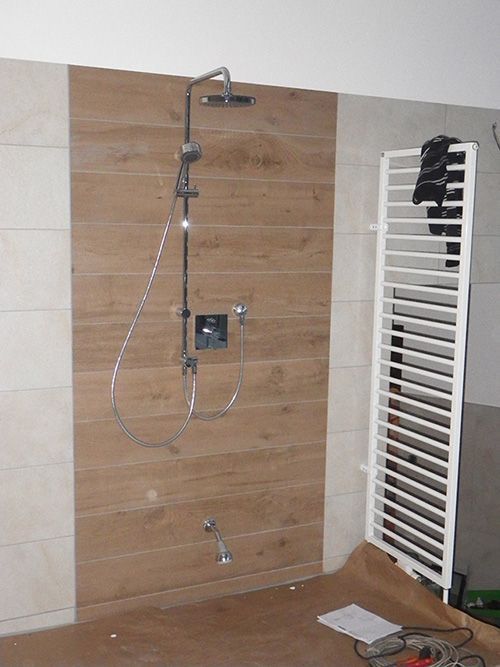 Ein Badezimmer mit Dusche und Handtuchhalter.