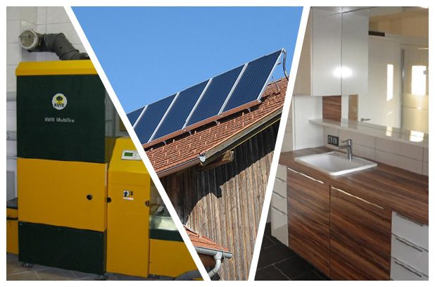 Eine Collage aus drei Bildern zeigt ein Solarpanel auf einem Dach und ein Waschbecken