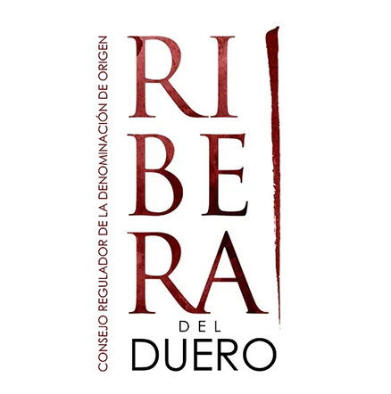 Logotipo de la denominación de origen Ribera del Duero en color burdeos y texto negro sobre fondo blanco.